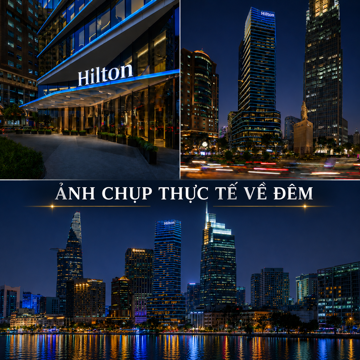 Ảnh thực tế khách sạn Hilton Saigon lung linh về đêm - Dự án biểu tượng tại trung tâm Quận 1 được triển khai bởi KTS Phạm Nguyễn Hoàng Long.